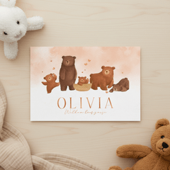 Geboortekaartje beren familie waterverf roze hartjes koper