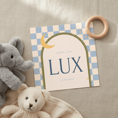 Geboortekaartje boog blauw groen ruitjes met maan modern