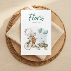 Geboortekaartje broertje met olifantjes op de fiets