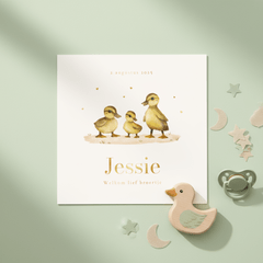 Geboortekaartje derde kindje eendjes lief goud hartjes