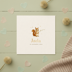 Geboortekaartje eekhoorn herfst unisex hartjes goud lief