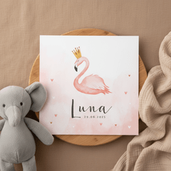 Geboortekaartje flamingo hartjes meisje verf kroontje