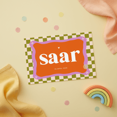 Geboortekaartje groovy groen paars rood blokjes 