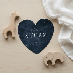 Geboortekaartje hartkaart donkerblauw stoer stijlvol verf