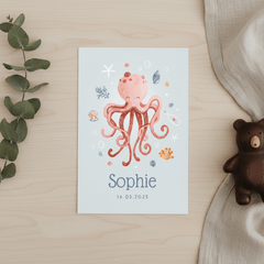 Geboortekaartje hip zee octopus meisje schelpjes hartjes