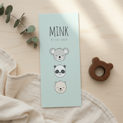 Geboortekaartje jongen derde kind met koala, panda en katje