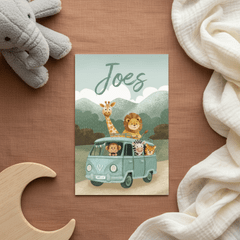 Geboortekaartje jongen met dieren in een busje
