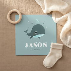 Geboortekaartje jongen oceaan walvis hartjes blauw