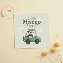 Geboortekaartje jongen panda auto wolken sterren feest