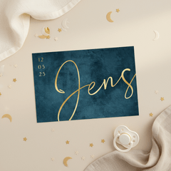 Geboortekaartje jongen petrol blauw stoer stijlvol goud