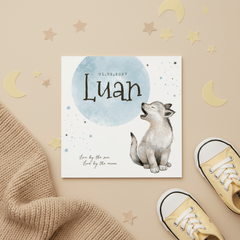 Geboortekaartje jongen wolf sterretjes maan waterverf