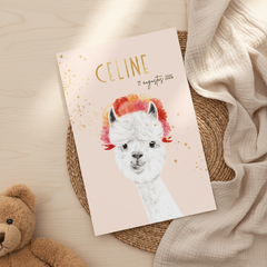 Geboortekaartje lief illustratie alpaca goudfolie hartjes