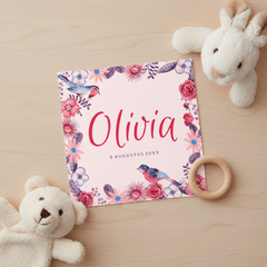 Geboortekaartje lief retro blauw rood bloemen en vogeltjes 