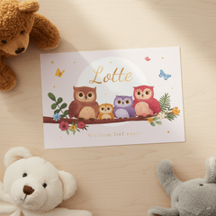 Geboortekaartje lief uiltjes zusje familie boom vlinders