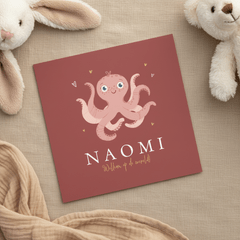 Geboortekaartje lieve octopus roze hartjes goud 