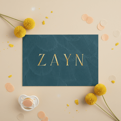 Geboortekaartje liggend stijlvol blauw met veren