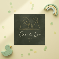 Geboortekaartje lijntekening van tweeling groene achtergrond