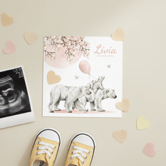 Geboortekaartje meisje met ijsbeer familie onder de zon