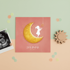 Geboortekaartje met een silhouet van een meisje op de maan 