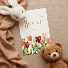Geboortekaartje met tulpen en hartjes in koperfolie