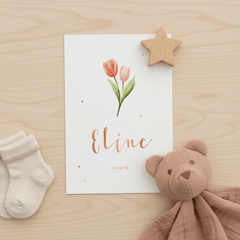 Geboortekaartje met tulpen en koperen hartjes