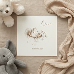 Geboortekaartje pentekening in sepia tweede kindje