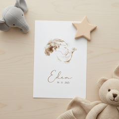 Geboortekaartje pentekening sepia slapende baby