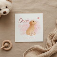 Geboortekaartje puppy roze achtegrond met hartjes vlinder