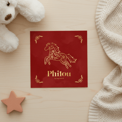 Geboortekaartje rood met gouden paard Chinees sterrenbeeld