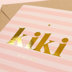 Geboortekaartje roze beige gestreept goudfolie