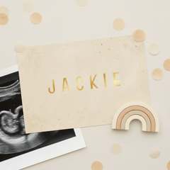 Geboortekaartje sandy beach betonlook trend goud hartjes