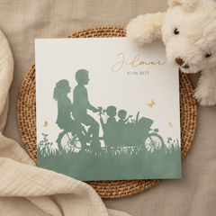 Geboortekaartje silhouet bakfiets 3 kinderen zus broer