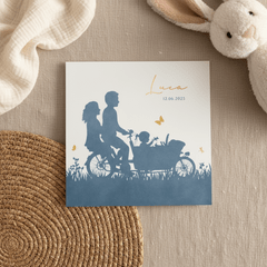 Geboortekaartje silhouet bakfiets met grote zus 