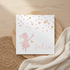 Geboortekaartje silhouet met vlinders waterverf roze en goud