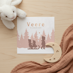 Geboortekaartje slee met drie zusjes