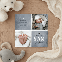 Geboortekaartje stoer betonlook foto hartjes