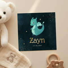 Geboortekaartje stoer draakje donkerblauw hartjes goud