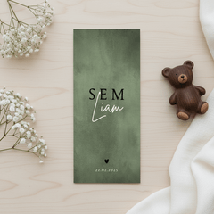 Geboortekaartje stoer met groene waterverf en hartje