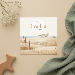 Geboortekaartje strand zee dieren vogels zeehond unisex