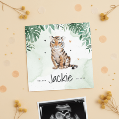 Geboortekaartje tijger jungle botanisch waterverf