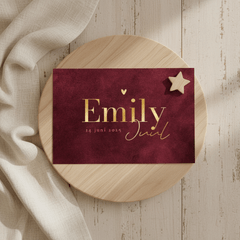 Geboortekaartje velvet robijn roze natuurlijk hartje goud