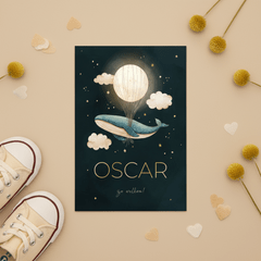 Geboortekaartje walvis blauw met maan en foliedruk sterren