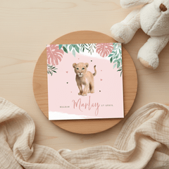 Geboortekaartje waterverf leeuwtje jungle botanisch meisje