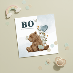 Geboortekaartje zoon met beertje vlinders en ballon