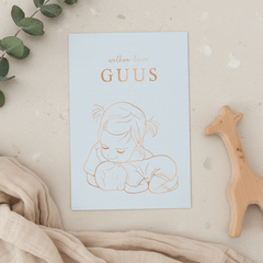 Geboortekaartje zus kust liggend baby’tje – koperfolie