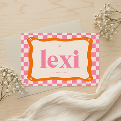 Hip geboorte kaartje oranje roze blokjes groovy vorm