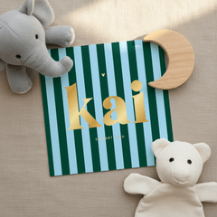 Hip trendy geboortekaartje gestreept blauwgroen hartje goud