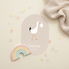 Hip unisex geboortekaartje ovaal met ooievaar illustratie