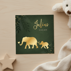 Jungle geboortekaartje jongen met gouden silhouet olifant