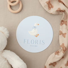 Lief blauw geboortekaartje rond met klein gansje